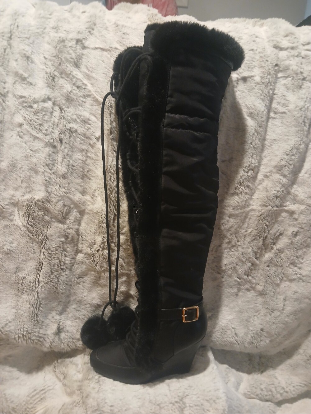 Shoe Dazzle Black Over-the-Knee Faux-Fur Lace-Up Wedge Boots